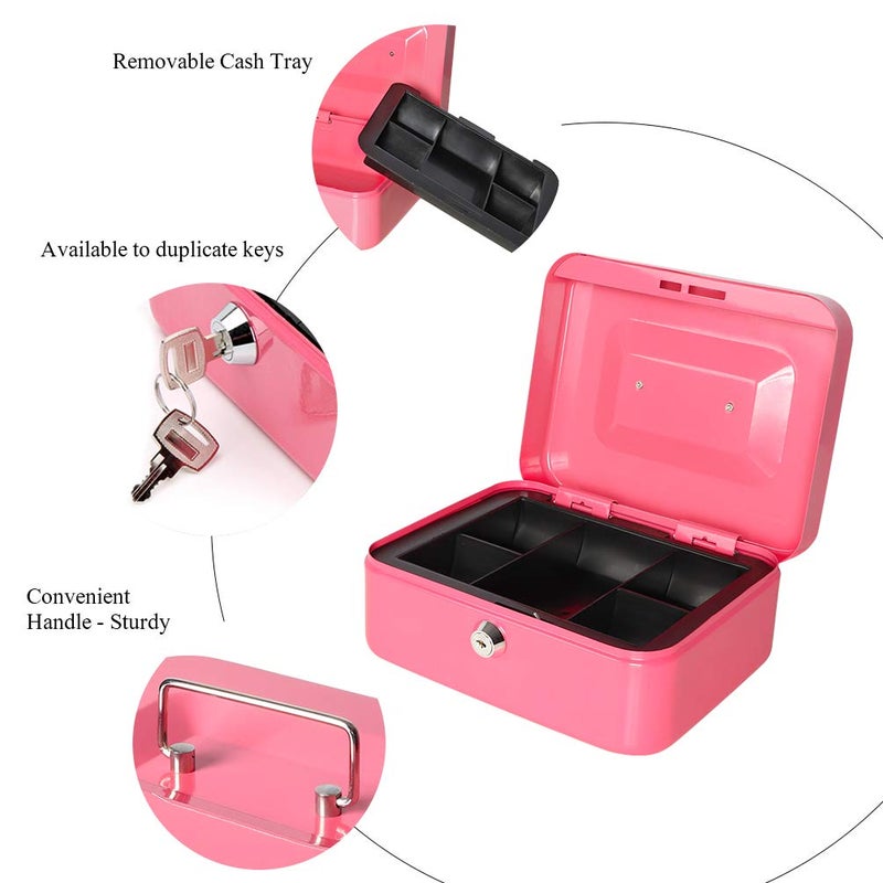 Jssmst Small Cash Box with Key Lock - Durable Metal Cash Box with Money Tray Pink, CB0104M - Image 4